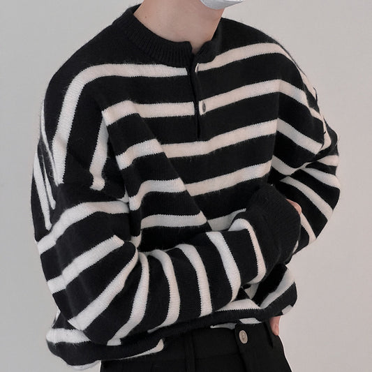 Textured Striped Sweater Boys Button Round Neck Autumn Leisure Sweater