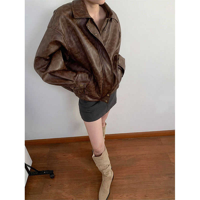 Leather Loose Retro Distressed Coat