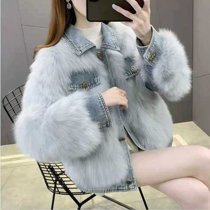 Denim Stitching Fur Coat For Women Autumn And Winter