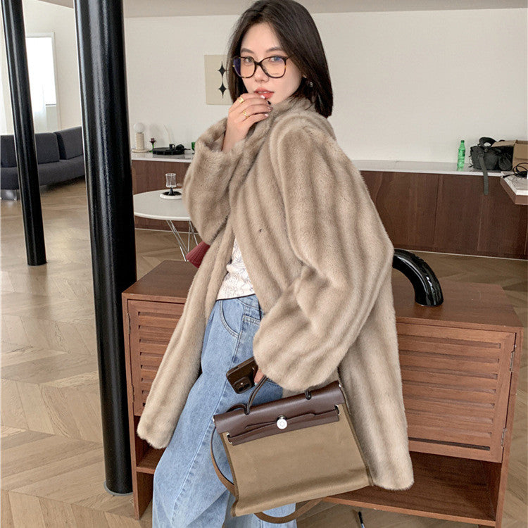 Mid-length Socialite Mink Hair Stripped Coat