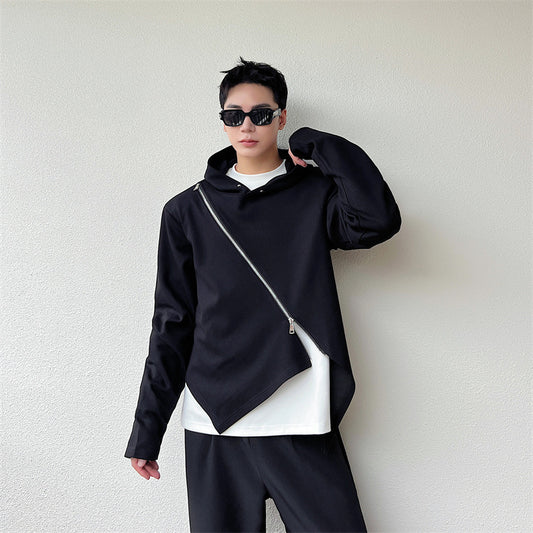 Irregular Cut Oblique Placket Zipper Hooded Sweater